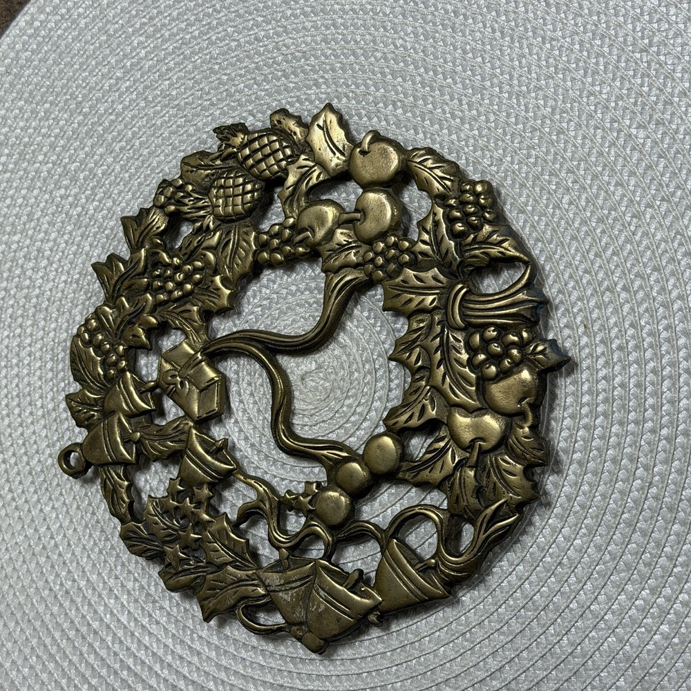 Vintage Brass Footed Christmas Themed Trivet Made‎ in Taiwan- Republic of China